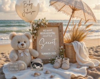 Summer Pregnancy Announcement Digital, Beach Baby Reveal, We Have Been Keeping Little Secret, Printable Teddy Bear Editable Template