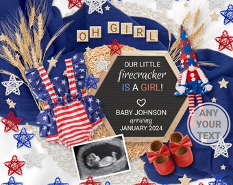 4th of July Girl Pregnancy Announcement Digital, It's a Girl Patriotic, Fourth Baby Girl Announcement, Editable Template, Little Firecracker