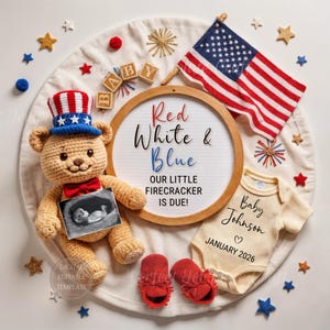 Fourth of July pregnancy announcement digital Red White Blue little firecracker due patriotic 4th of july baby reveal editable template