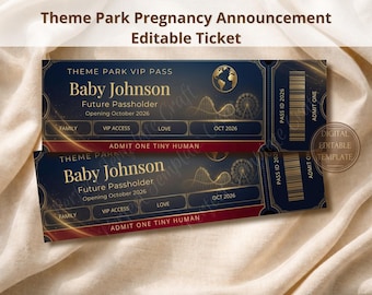 Editable Pregnancy Announcement Template, Theme Park Ticket Reveal, Canva Baby Reveal Card, Neutral Gold Blue Design