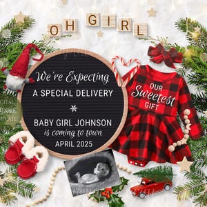 Kerstaankondiging zwangerschap babymeisje digitaal, aankondiging kerstbabymeisje, Its a Girl kerstgeslachtsbericht, geruite jurk en strik