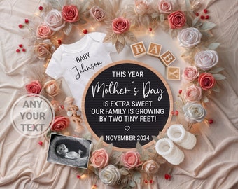 Mother's day baby announcement, Mom Digital Pregnancy Announcement, gender neutral, Growing by Two Tiny Feet, Summer May Boho Roses template