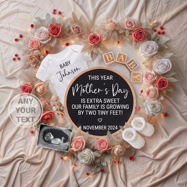 Mother's day baby announcement, Mom Digital Pregnancy Announcement, gender neutral, Growing by Two Tiny Feet, Summer May Boho Roses template