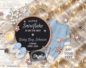 Winter Boy digital pregnancy announcement, Little Snowflake baby Boy announcement, Holiday pregnancy post, Editable template, Jule 2024