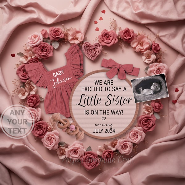 Little Sister Pregnancy Announcement digital Valentines day Baby Girl Announcement Valentine's Baby February Template Second baby #2 #3