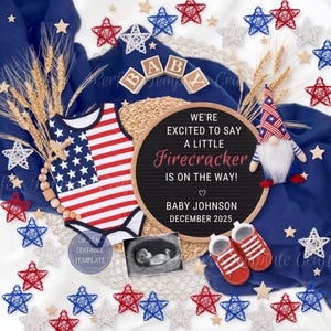 Vierde juli zwangerschapsaankondiging digitale download patriottische baby onthullen bewerkbare afdrukbare kleine knaller rood wit blauw sjabloon