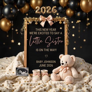 Baby Girl New Year Pregnancy Announcement Digital, New Years Little Sister Announcement, Editable Template/ Its a Girl Pink teddy bear 2026