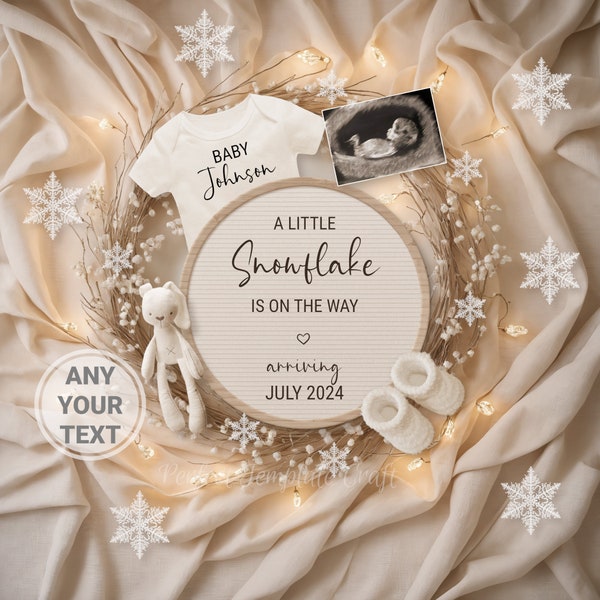 Boho Winter pregnancy announcement, Little Snowflake baby announcement digital, Holiday pregnancy post, Personalized template, Jule 2024