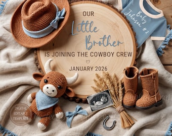 Cowboy baby boy pregnancy announcement digital, western theme template for second child, rustic wild west country style, third Baby #2 #3 #4