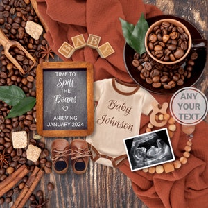 Coffee Baby Announcement Digital, Spill the Beans Pregnancy announcement Editable personalized template, coffee lover Theme, Gender neutral image 1