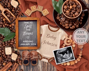 Koffie babyaankondiging digitaal, Spill the Beans zwangerschap aankondiging bewerkbare gepersonaliseerde sjabloon, koffieliefhebber thema, genderneutraal