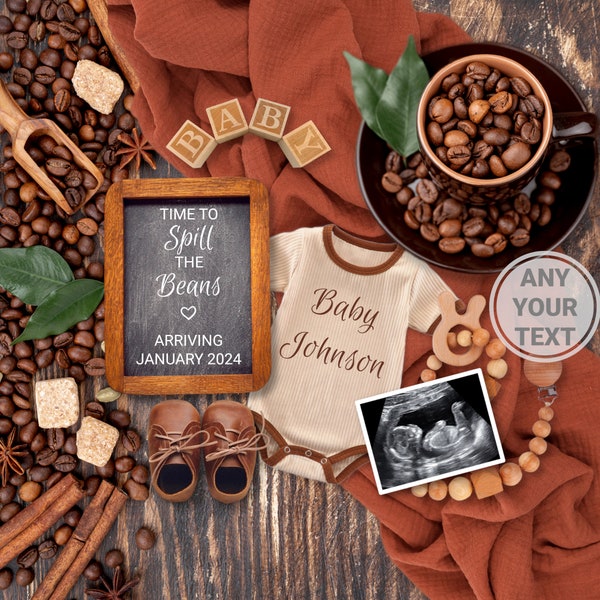 Kaffee-Baby-Ankündigung Digital, Spill the Beans Schwangerschaftsmitteilung Bearbeitbare personalisierte Vorlage, Kaffeeliebhaber-Thema, geschlechtsneutral
