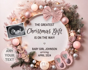 Baby Girl Christmas Pregnancy Announcement Digital, Pink Boho Christmas Baby Girl Announcement, New Years Its a Girl Gender Reveal Template