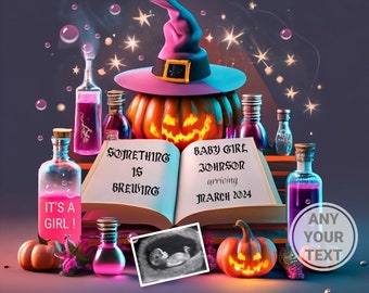 Annonce de grossesse Witchy Girl numérique, annonce de bébé Halloween, c'est un modèle modifiable rose magique pour fille. Quelque chose se prépare