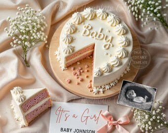 Cake Baby Girl Pregnancy Announcement Digital, Vintage Pink Cake photo Reveal, Its a Girl sweet editable Template
