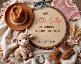 Cowgirl pregnancy announcement digital, baby girl western second child, country style It's a Girl Little Sister, Sibling baby #2 #3