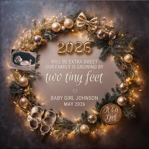 Baby Girl New Year Pregnancy Announcement Digital, New Years Baby Girl Announcement, Its a Girl. Happy New Year. Growing Two Tiny Feet 2026