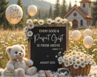 Christian Pregnancy Announcement  Digital, Religious baby reveal, Daisies Teddy Bear Template