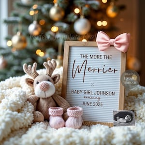 May include: A white letter board with the text "The more the merrier" and "Baby Girl Johnson arriving June 2025". A pink bow is on top of the board. A knitted reindeer toy and pink booties are in the foreground. A blurry ultrasound image is in the bottom right corner.