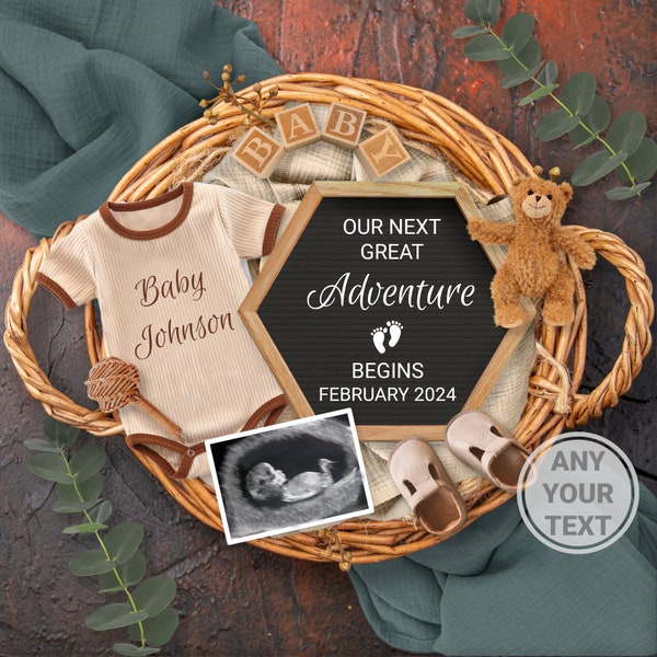 Adventure digital pregnancy announcement, Boho baby announcement with ultrasound picture, Bear Editable template, Our Next Great Adventure