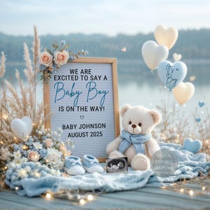 Annuncio di gravidanza di un bambino maschio, rivelazione digitale del bambino, annuncio di un maschietto, orsetto di peluche carino per San Valentino, modello modificabile per i social media
