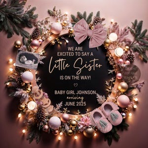 Weihnachts-Baby-Schwester-Schwangerschaftsmitteilung digital, es ist eine Mädchen-Gender Reveal-Baby-Ankündigung, bearbeitbare Vorlage Zweites Baby # 2 # 3