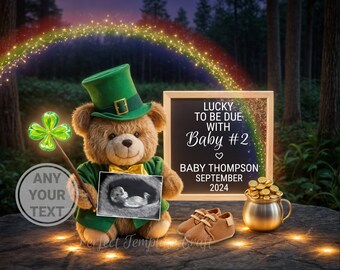 St Patricks Day second baby Pregnancy Announcement Digital Baby #2 Announcement, Magic Little Lucky Charm Saint Paddy rainbow Template March