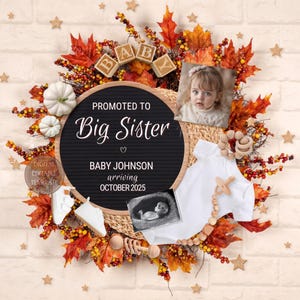 Fall Big Sister Pregnancy Announcement Digital, Autumn Second baby template for social media, Promoted To Big Sister, Pumpkin baby #2 #3