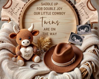Western twins pregnancy announcement digital, cowboy theme twin baby reveal, rustic gender neutral country farm style
