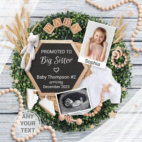 Grote zus zwangerschap aankondiging digitaal tweede baby aankondiging sjabloon voor sociale media grote zus met foto echografie foto 2 Etsy Nederland