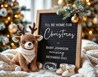 Christmas Pregnancy Announcement Digital Download, Winter Reindeer Baby Reveal, I'll be home for Christmas, Editable Template
