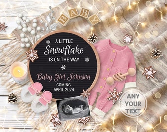 Winter Girl digital pregnancy announcement, Little Snowflake baby Girl announcement, Holiday pregnancy post, Editable template, Jule 2024