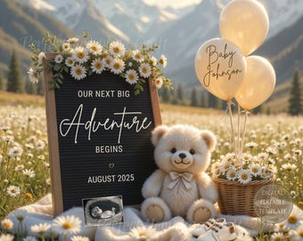 Adventure Pregnancy Announcement Digital, Summer Baby Reveal, Rustic Neutral Simple daisies, Outdoor Teddy Bear Editable Template