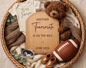 Football Second Baby Announcement Digital, Pregnancy Sibling Sports Reveal, Another Baby #2 #3 #4