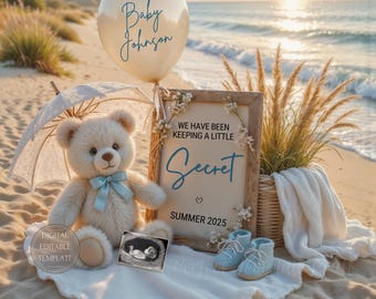Beach Baby Boy Pregnancy Announcement Digital, Summer Little Secret, Coastal Pregnancy Reveal