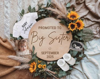 Sunflower Big Sister Pregnancy Announcement Digital, Promoted to Big Sister, Boho Second baby template, sibling Big sis