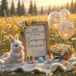Süßes Oster Baby Ankündiung Digitales Häschen, Schwangerschaftsmitteilungs Vorlage, der kleine Irgendjemand ist unterwegs. Frühlingsneutrales Gender Reveal
