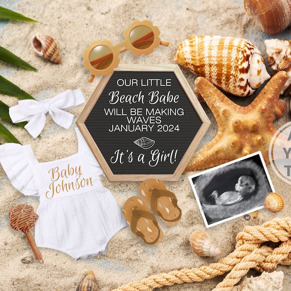 Beach baby Girl Digital Pregnancy Announcement, It's a Girl Reveal, Summer Ocean Editable Personalized template. Tropical beach bum photo