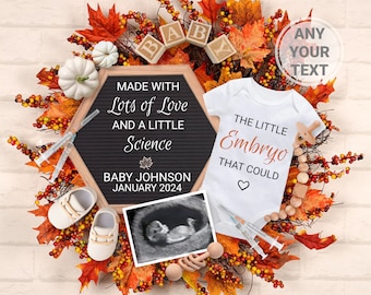 Fall IVF Pregnancy Announcement Digital, Autumn Baby Editable Template, Gender neutral Reveal, Made With Lots Of Love And A Little Science