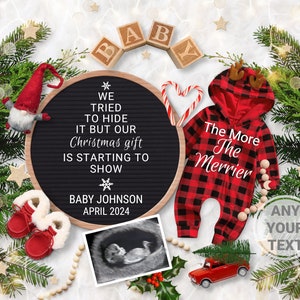 Digital Christmas Pregnancy Announcement, Magical Christmas Baby Announcement, The more the merrier, Social Media Reveal, Editable Template