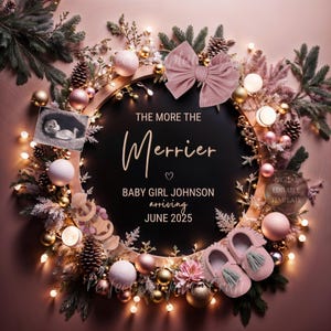 Faire-part de grossesse Noël bébé fille numérique, faire-part de bébé fille Noël bohème rose, magique nouvel an c'est une fille modèle