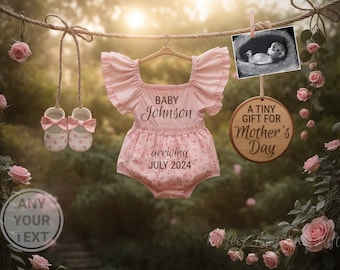 Anuncio de embarazo del Día de las Madres, Día de la Madre Anuncio de la niña digital Primavera Mayo es una niña Plantilla editable Tiny Gift roses