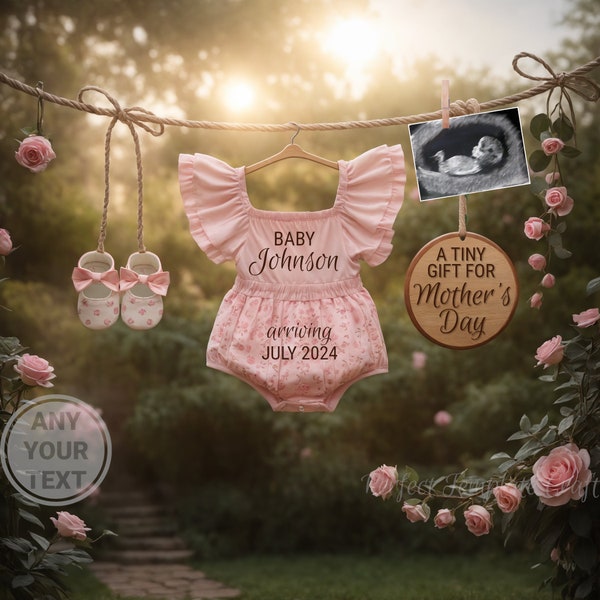 Muttertag Baby Mädchen Schwangerschaftsankündigung, Muttertag Mädchenankündigung digitaler Frühling kann es ein Mädchen sein bearbeitbare Vorlage Tiny Gift Roses