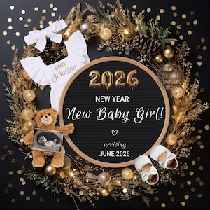 Baby Girl New Year Pregnancy Announcement Digital, New Years Baby Girl Announcement, Its a Girl Magical Happy New Year 2026 Funny Template