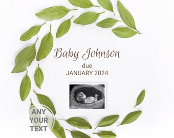 Minimalist Baby Announcement Digital, Simple Pregnancy announcement elegant Green leaves template for social media, Gender Neutral Reveal