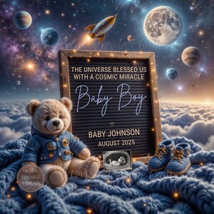 Faire-part de grossesse cosmique pour bébé garçon Faire-part de grossesse numérique espace extra-atmosphérique pour futurs parents Modèle modifiable étoiles lune