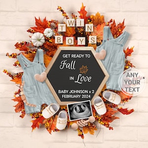 Fall Twin Boy Pregnancy Announcement Digital, Autumn Love Twin Boys Reveal, twice Pumpkins Editable Template, Two Little Boys are on the way