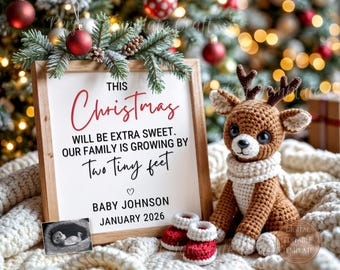 Christmas pregnancy announcement digital Download holiday reindeer baby reveal Gender Neutral Editable Template cozy winter pregnancy reveal