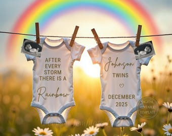 Rainbow Twins Pregnancy Announcement Digital, After Every Storm Baby, Editable Template