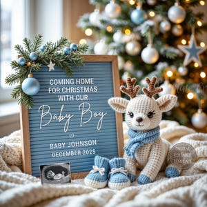 Christmas Baby Boy Pregnancy Announcement Digital December Baby Boy Announcement photo winter pregnancy reveal with reindeer blue holiday